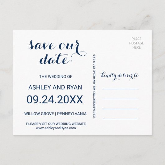 Floral Peach roze & Navy Waterverf Save the Date Aankondigingskaart (Achterkant)