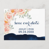 Floral Peach roze & Navy Waterverf Save the Date Aankondigingskaart (Voorkant)