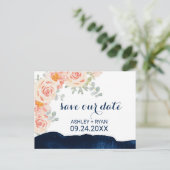 Floral Peach roze & Navy Waterverf Save the Date Aankondigingskaart (Staand voorkant)