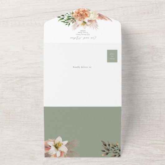 Floral Peach & Sage Green Huwelijksuitnodiging All In One Uitnodiging (Buitenkant)