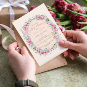 Floral Peach Schattige Bunny Girl Baby shower Kaart