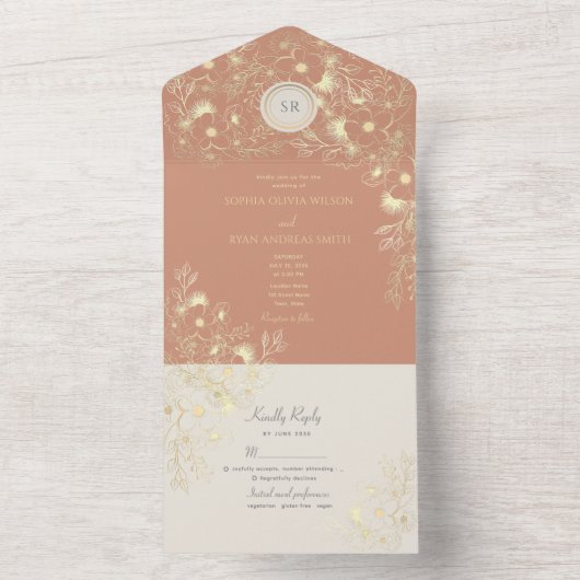 Floral Peach Terracotta Wedding All In One Uitnodiging (Binnen)