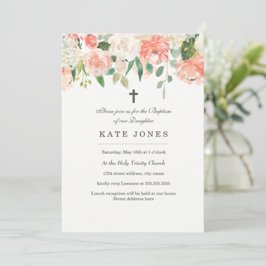 Floral Peach Waterverf Doopuitnodiging Kaart (Staand voorkant)