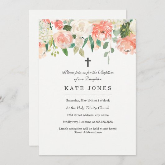 Floral Peach Waterverf Doopuitnodiging Kaart (Voorkant / Achterkant)