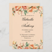Floral Peach Waterverf Moderne bruiloft uitnodigin Kaart (Voorkant / Achterkant)