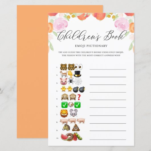 Floral Peaches Emoji Pictionary Baby shower Game (Voorkant / Achterkant)