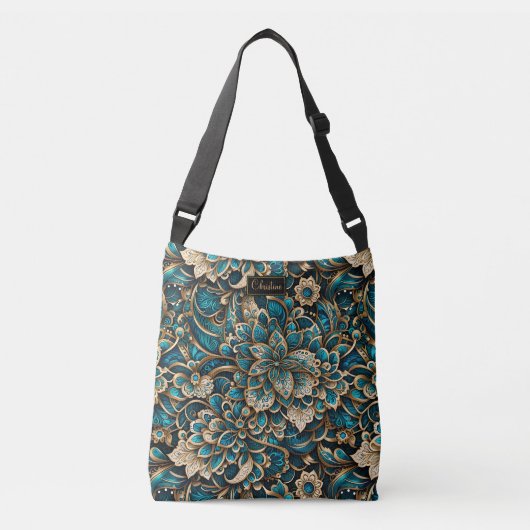 Floral Peacock Blue Mandala Crossbody Tas (Voorkant)