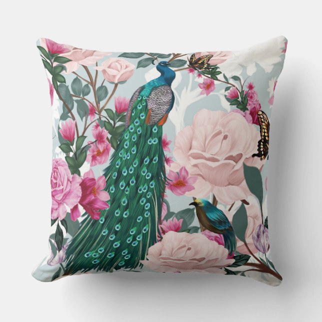 Floral Peacock Country Waterverf Pillow Kussen (Voorkant)