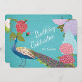 Floral Peacock op Blue Linen Birthday Invite Kaart (Voorkant / Achterkant)