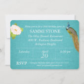 Floral Peacock op Blue Linen Birthday Invite Kaart (Achterkant)