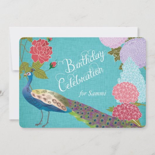 Floral Peacock op Blue Linen Birthday Invite Kaart (Voorkant)