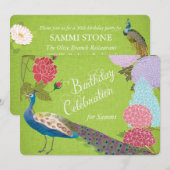 Floral Peacock over Green Linen Birthday Invite Kaart (Voorkant / Achterkant)