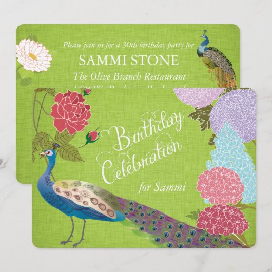 Floral Peacock over Green Linen Birthday Invite Kaart (Voorkant / Achterkant)