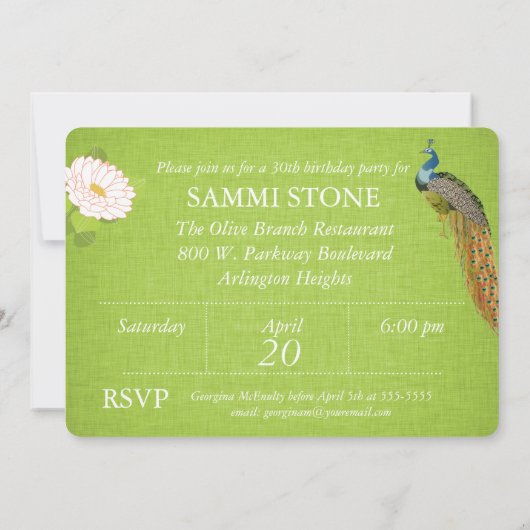 Floral Peacock over Green Linen Birthday Invite Kaart (Achterkant)
