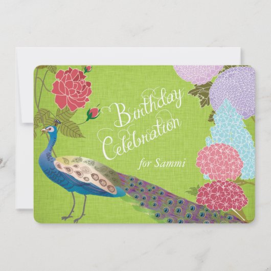 Floral Peacock over Green Linen Birthday Invite Kaart (Voorkant)