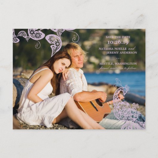  Floral Peacock Paarse Foto slaat de datum op Aankondigingskaart (Voorkant)