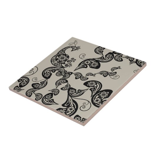 Floral Peacock Pattern Black - Aangepaste cadeaus Tegeltje (Zijkant)