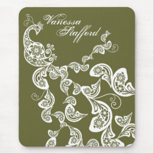 Floral Peacock Pattern White Custom Gift Mousepad Muismat