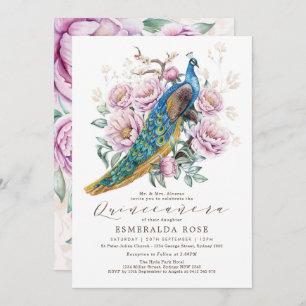 Floral Peacock Quinceañera Mis Quince Birthday Kaart