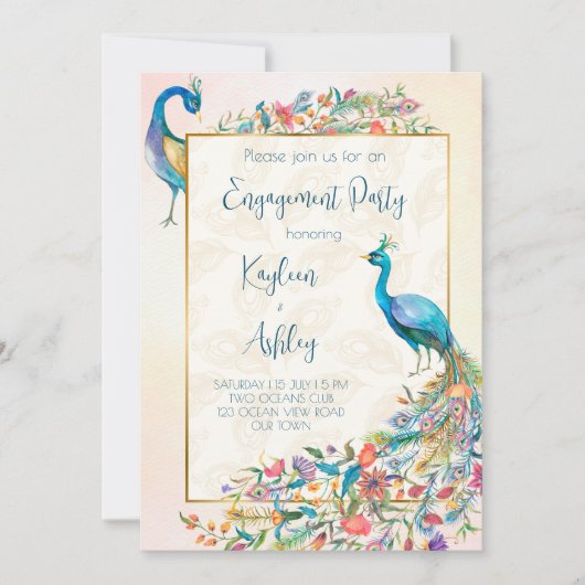 Floral Peacock verlovingspartijuitnodiging Kaart (Voorkant)