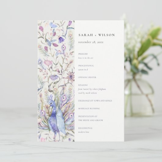  Floral Peacock Wedding Programme van Soft Classy Kaart (Staand voorkant)