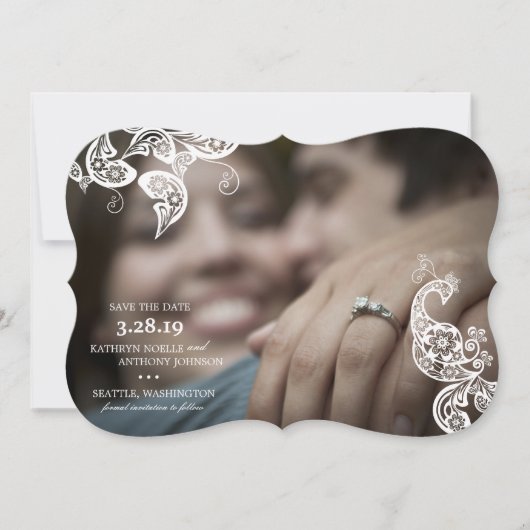 Floral Peacock White Bewaar de datum aankondiging (Voorkant)