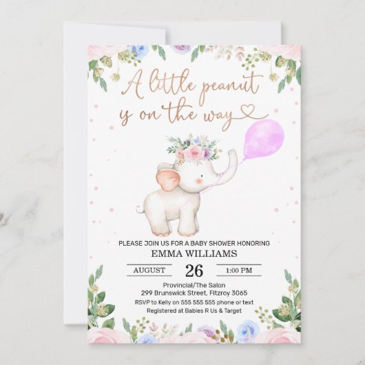Floral Peanut Elephant Baby shower Invitation Kaart (Voorkant)