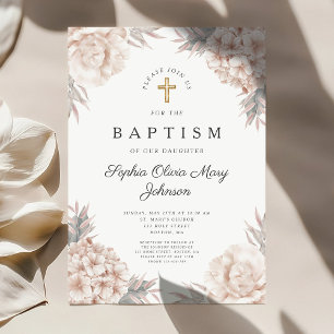 Floral Peonies Gold Cross-Girl Religieuze Baptisme Kaart