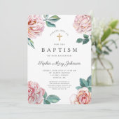 Floral Peonies Gold Cross Religieuze Baptisme Kaart (Staand voorkant)