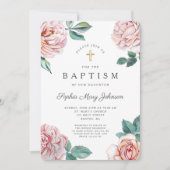 Floral Peonies Gold Cross Religieuze Baptisme Kaart (Voorkant)