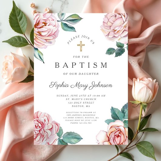 Floral Peonies Gold Cross Religieuze Baptisme Kaart