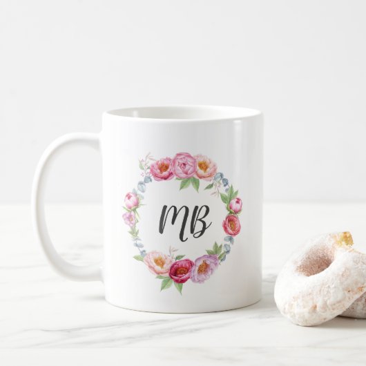 Floral peonies krans waterverf Monogram mok (Met donut)