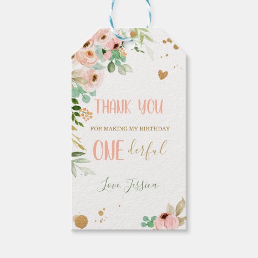 Floral Peonies Pink Little Miss Onederful Birthday Cadeaulabel (Voorkant)