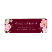 Floral Peony Elegant Adres Waterverf Burgundy Etiket (Voorkant)