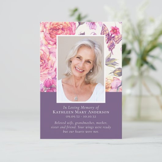 Floral Peony Foto Memorial Funeral Sympathie Bedankkaart (Staand voorkant)