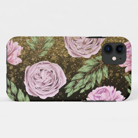 *~* Floral Peony Glitter Black Case-Mate iPhone Case (Achterkant (horizontaal))