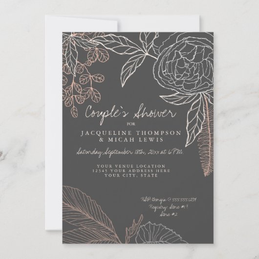 Floral Peony Leaf Line Art Charcoal Couples Shower Kaart (Voorkant)