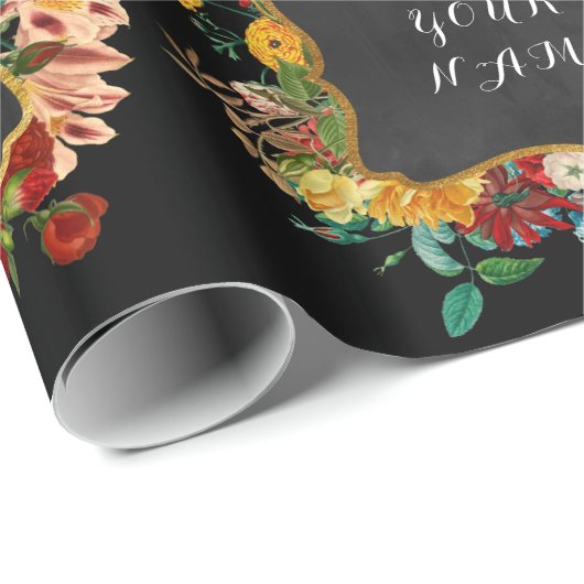  Floral Peony Persoonlijke naam Chalkboard Cadeaupapier (Rol Hoek)