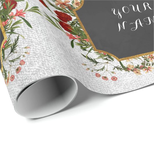 Floral Peony Persoonlijke naam Silver Roos Cadeaupapier (Rol Hoek)