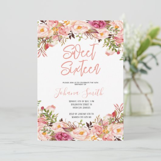 Floral Peony Pink Blush Zestiende verjaardag Kaart (Staand voorkant)