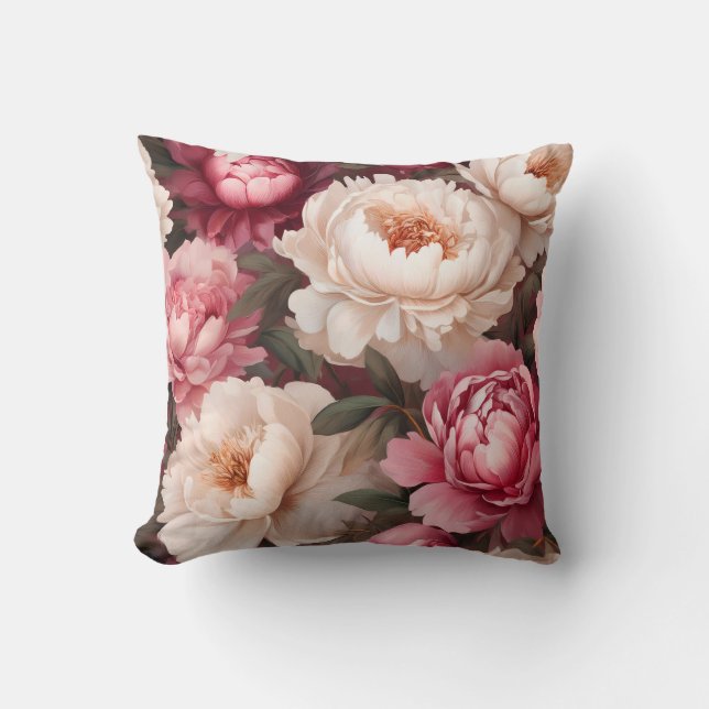 Floral Peony Roze en Wit Sierkussen (Voorkant)