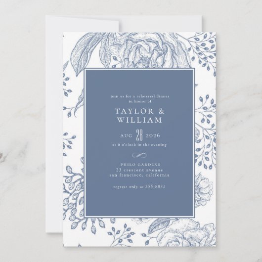 Floral Periwinkle Blue Elegant Rehearsal Dinner Kaart (Voorkant)
