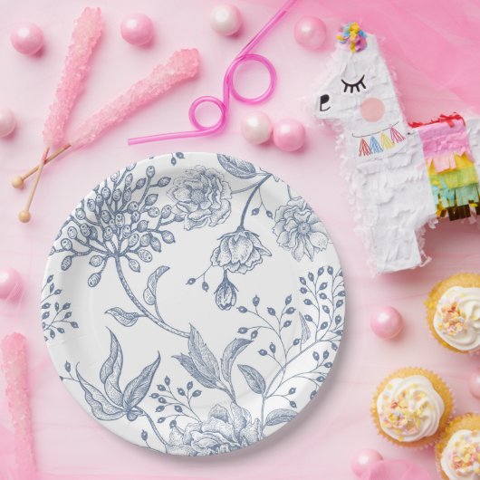 Floral Periwinkle Blue Elegant Wedding Shower Papieren Bordje (Feest)