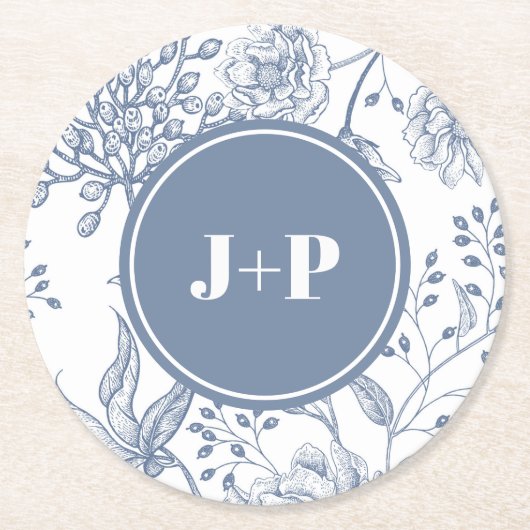 Floral Periwinkle Blue Monogram Wedding Ronde Kartonnen Onderzetter (Voorkant)