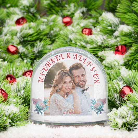 Floral Personalized 2 Photo Wedding Keepsake Sneeuwbol (Kerstmis)