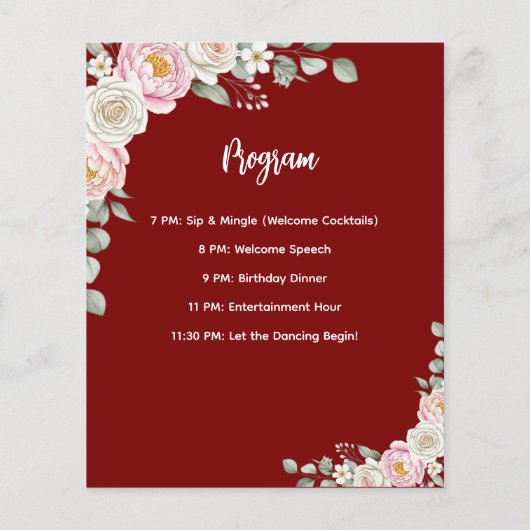 Floral Personalized Birthday Menu Program Card (Achterkant)