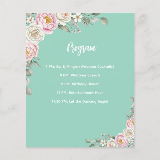 Floral Personalized Birthday Menu Program Card (Achterkant)