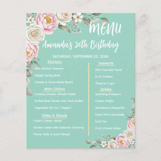 Floral Personalized Birthday Menu Program Card (Voorkant)