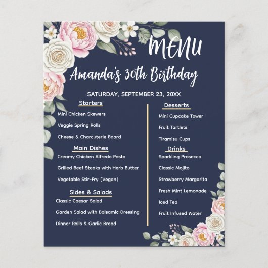 Floral Personalized Birthday Menu Program Card (Voorkant)