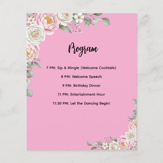 Floral Personalized Birthday Menu Program Card (Achterkant)